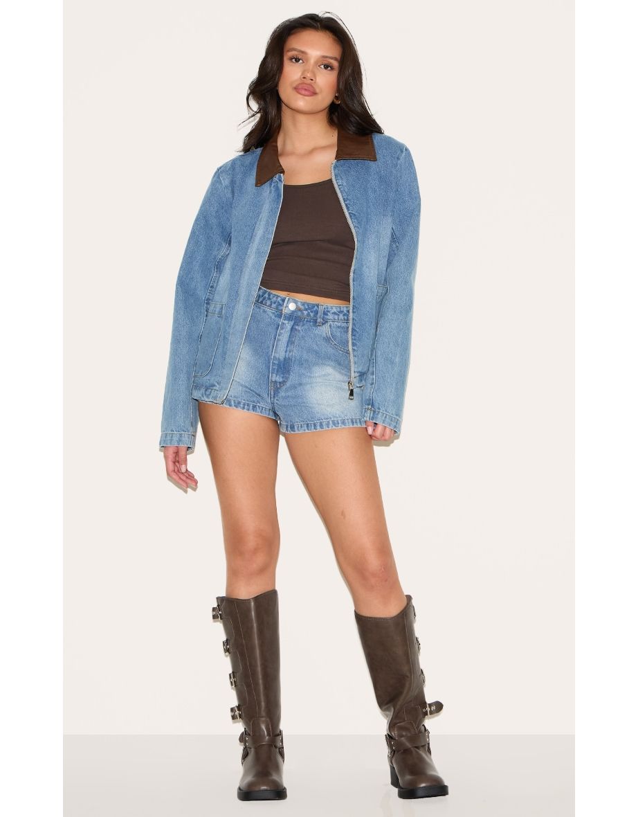 Light Vintage Blue High Waist Denim Hot Pants