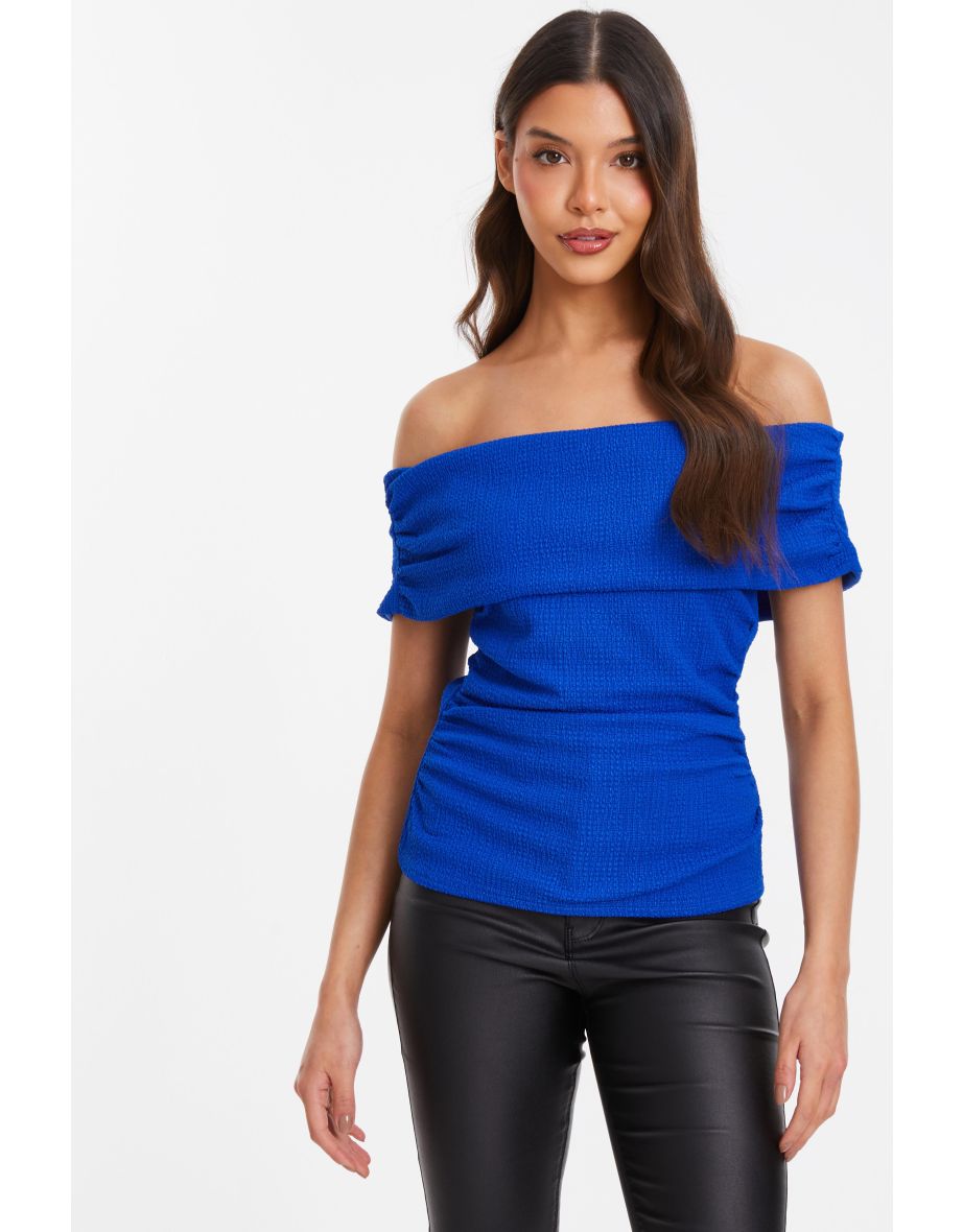 Shop Blue Textured Bardot Ruched Top Online in Bahrain VogaCloset