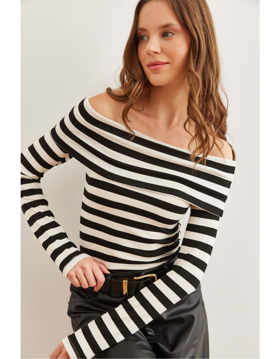 Women's Thick Striped Black Madonna Collar Soft Touch Flexible Top