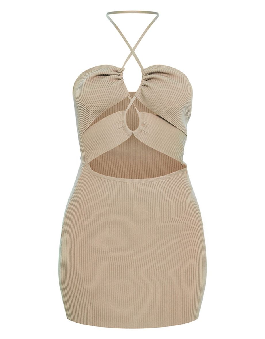Taupe Lace Cross Front Rib Knit Dress - 4