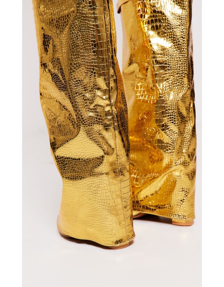 Gold Metallic Pu Fold Over Knee Block Heeled Boots - 3