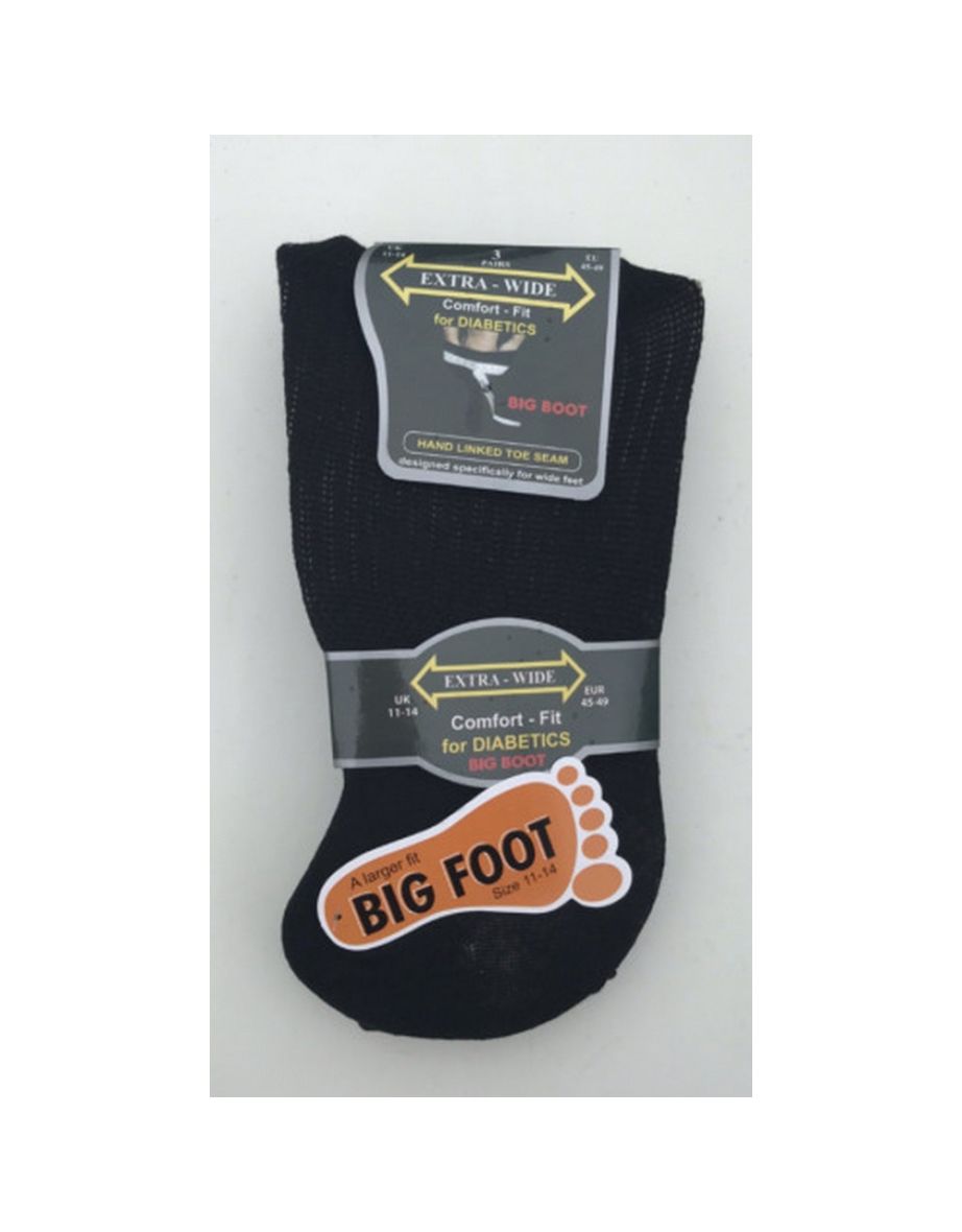 Mens Extra Wide Comfort Fit Wide Feet Diabetic Socks (3 Pairs) - Black - 1