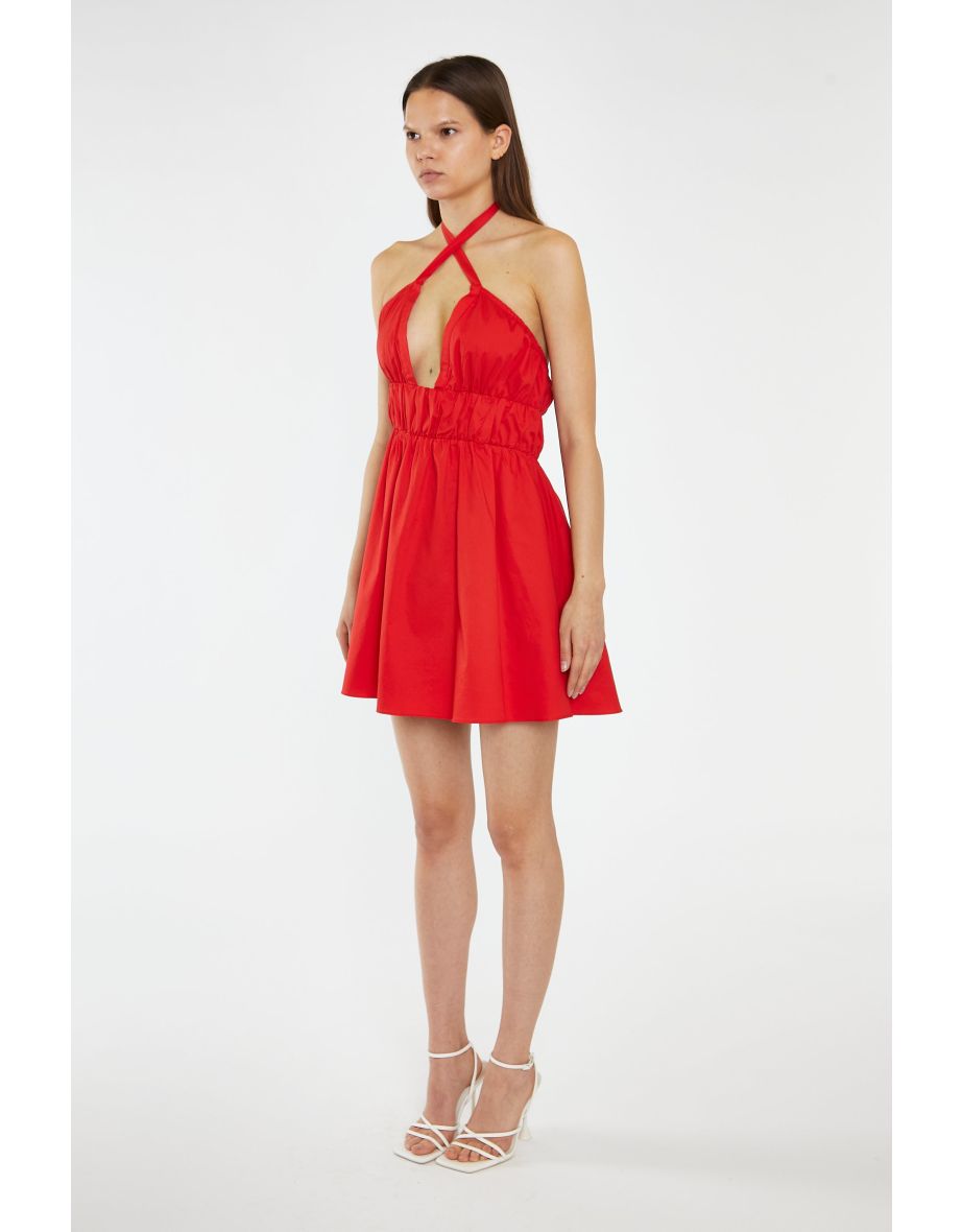 Poppy-Red Cross Over Halterneck Mini-Dress - 3