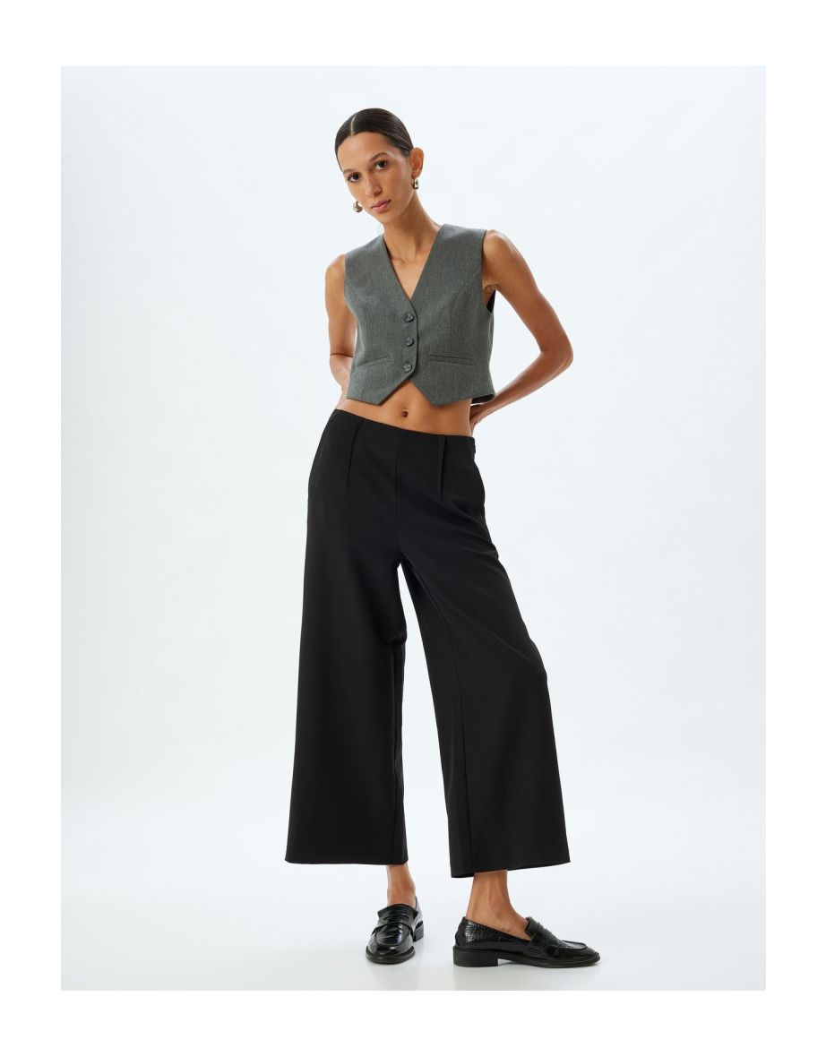Short Wide Leg Fabric Trousers High Waist Pocket