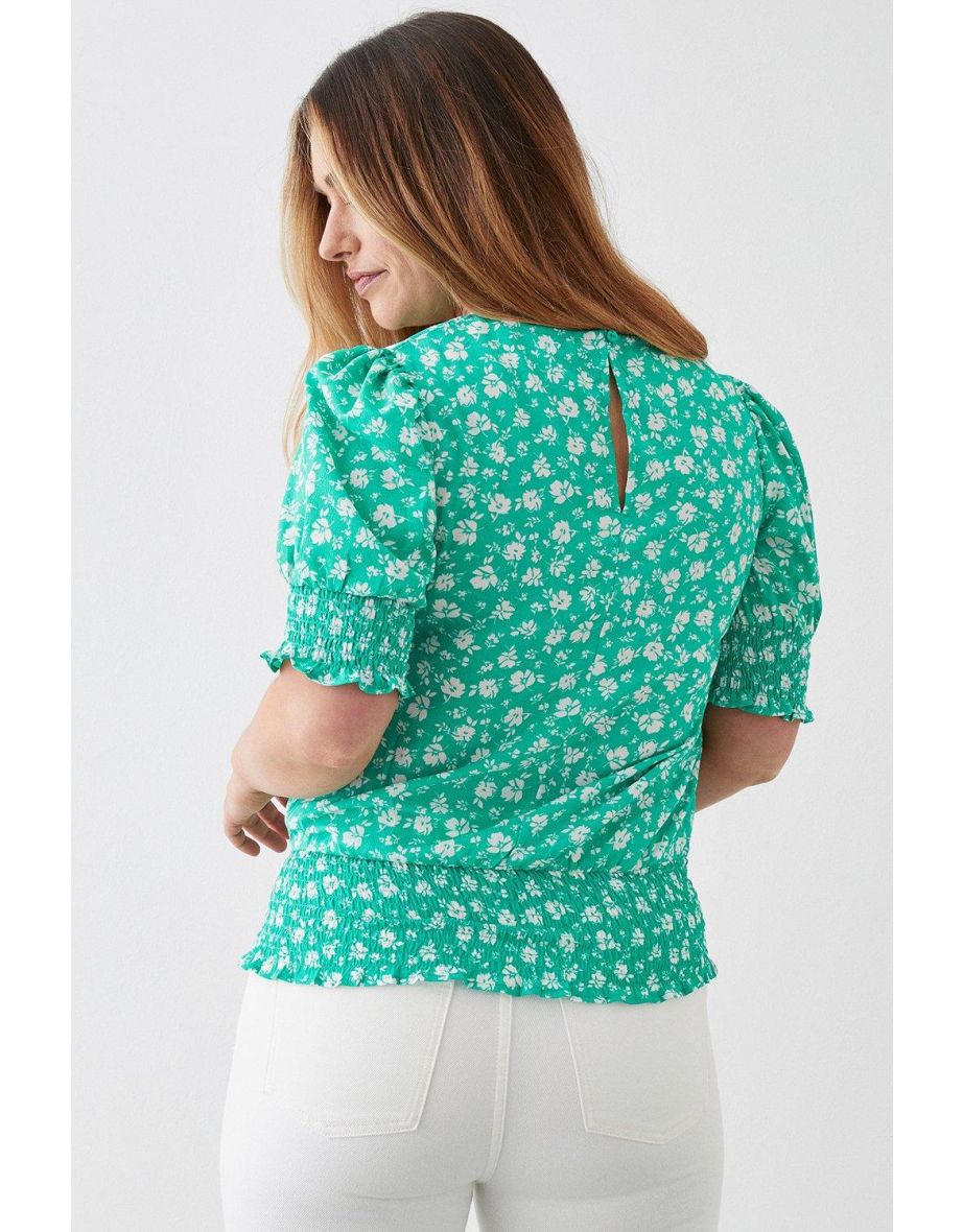 Green Ditsy Shirred Hem Top - 2