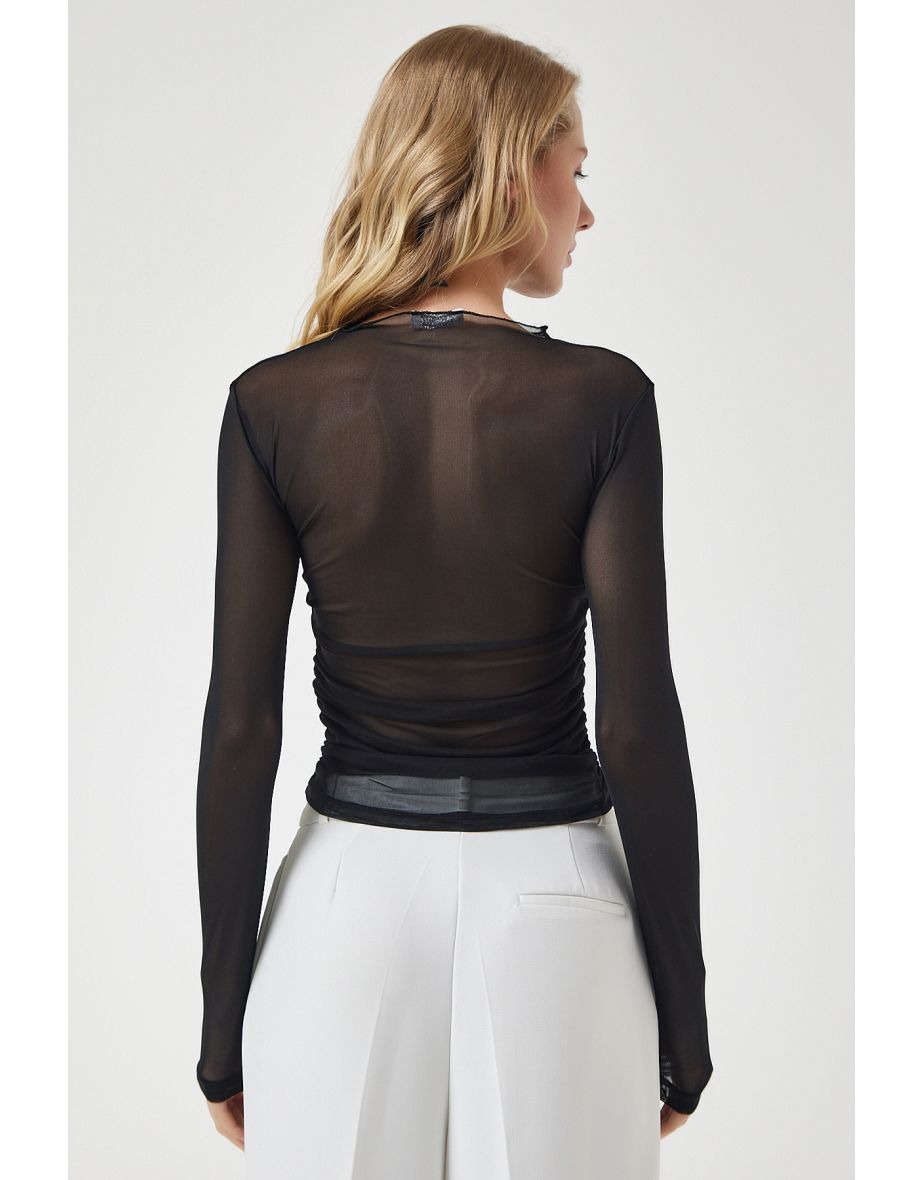 Women's Black Gathered Detailed Sheer Chiffon Blouse - 6
