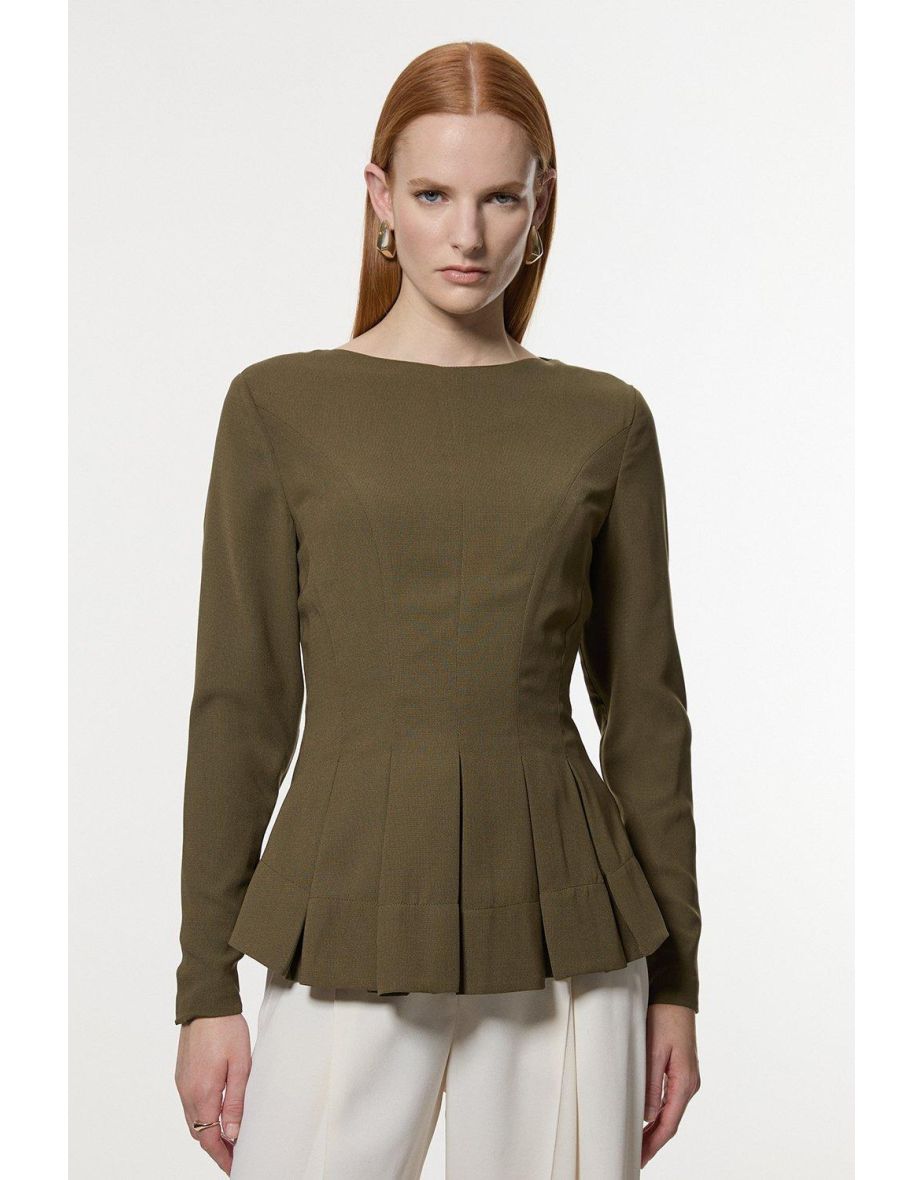 Pleated Long Sleeve Open Back Detail Woven Blouse