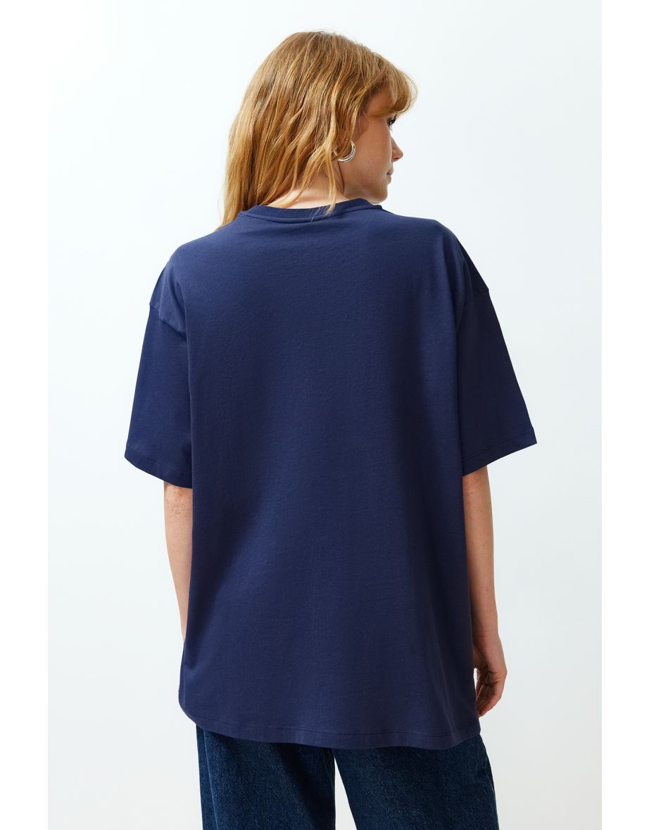 Navy Blue 100% Cotton City Print Oversize/Wide-Fit Knitted T-Shirt - 7