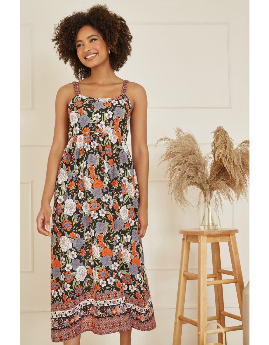 Yumi Multicolour Retro Floral Print Midaxi Sun Dress With Border Hem