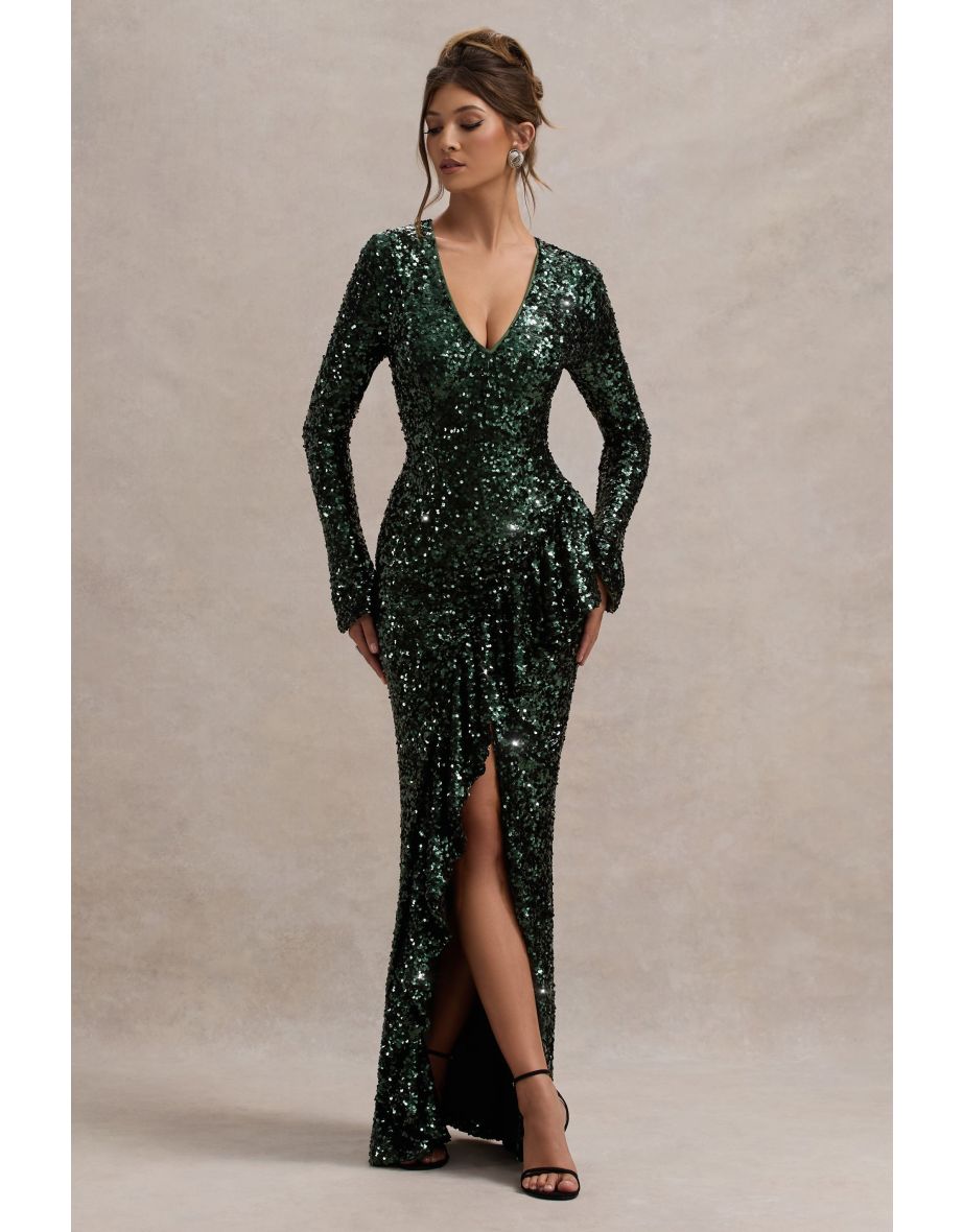 Wild Dream | Green Sequin Plunge-Neck Ruffle Split Maxi Dress