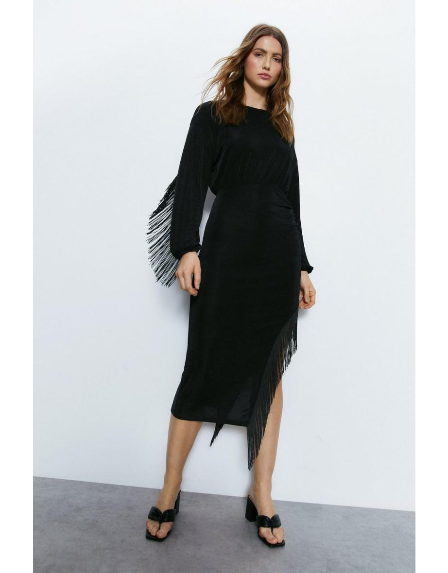 Fringed Long Sleeve Midi Dress