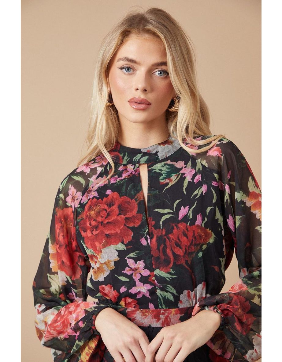 Printed Chiffon Tie Front Keyhole Blouse - 3