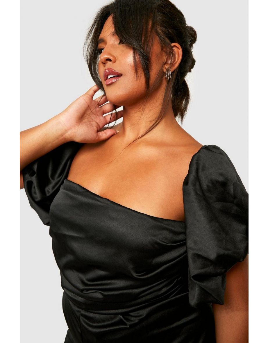 Plus Satin Puff Sleeve Wide Leg Jumpsuit - black - 3