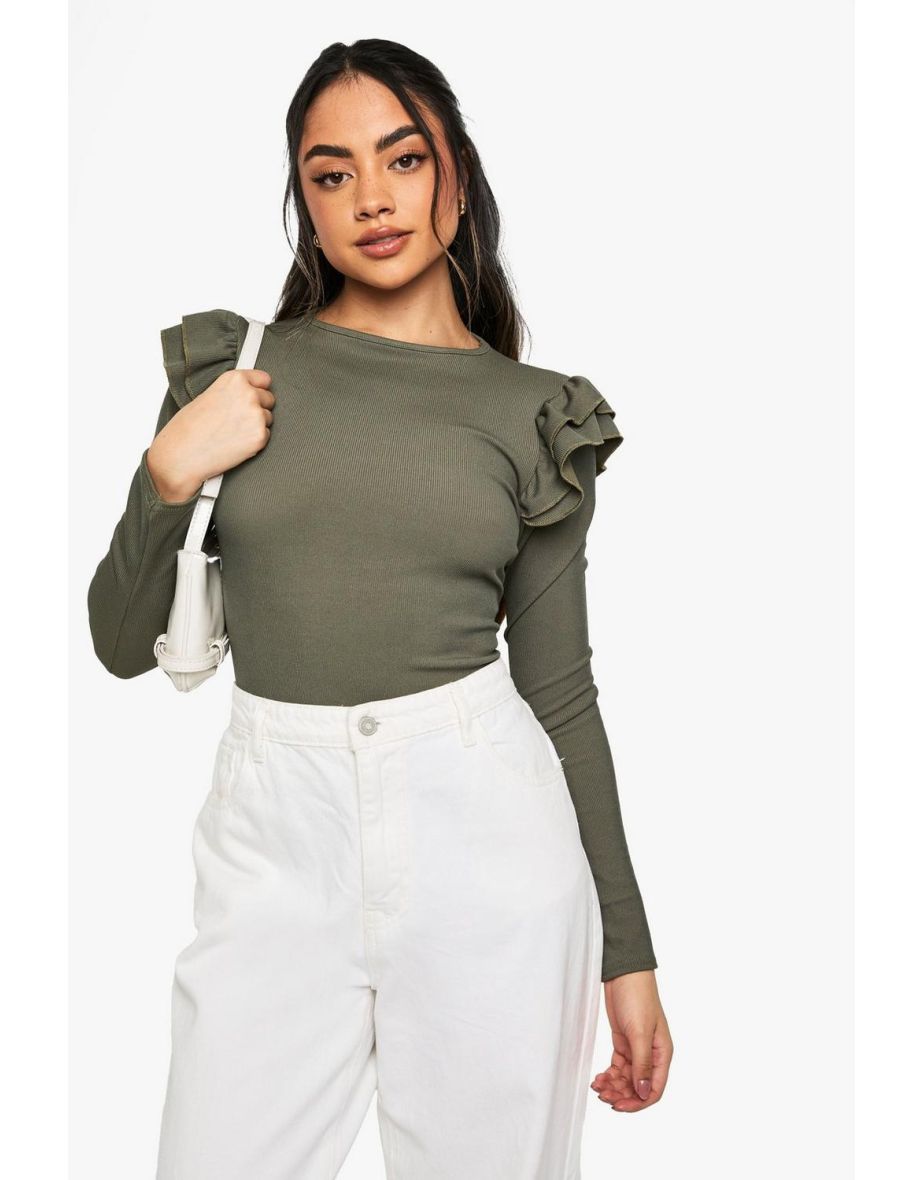 RIBBED FRILL SHOULDER LONG SLEEVE TOP - khaki