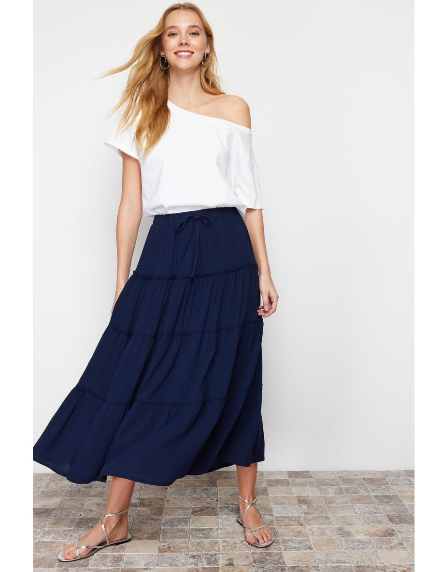 Navy Blue Gathered Waist Flared Maxi Length Woven Skirt