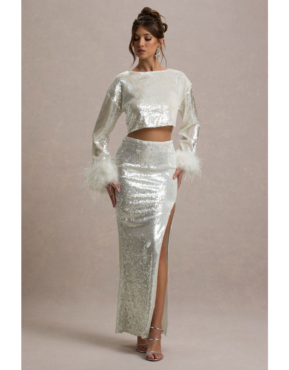 Raia | Sand Sequin Split Maxi Skirt