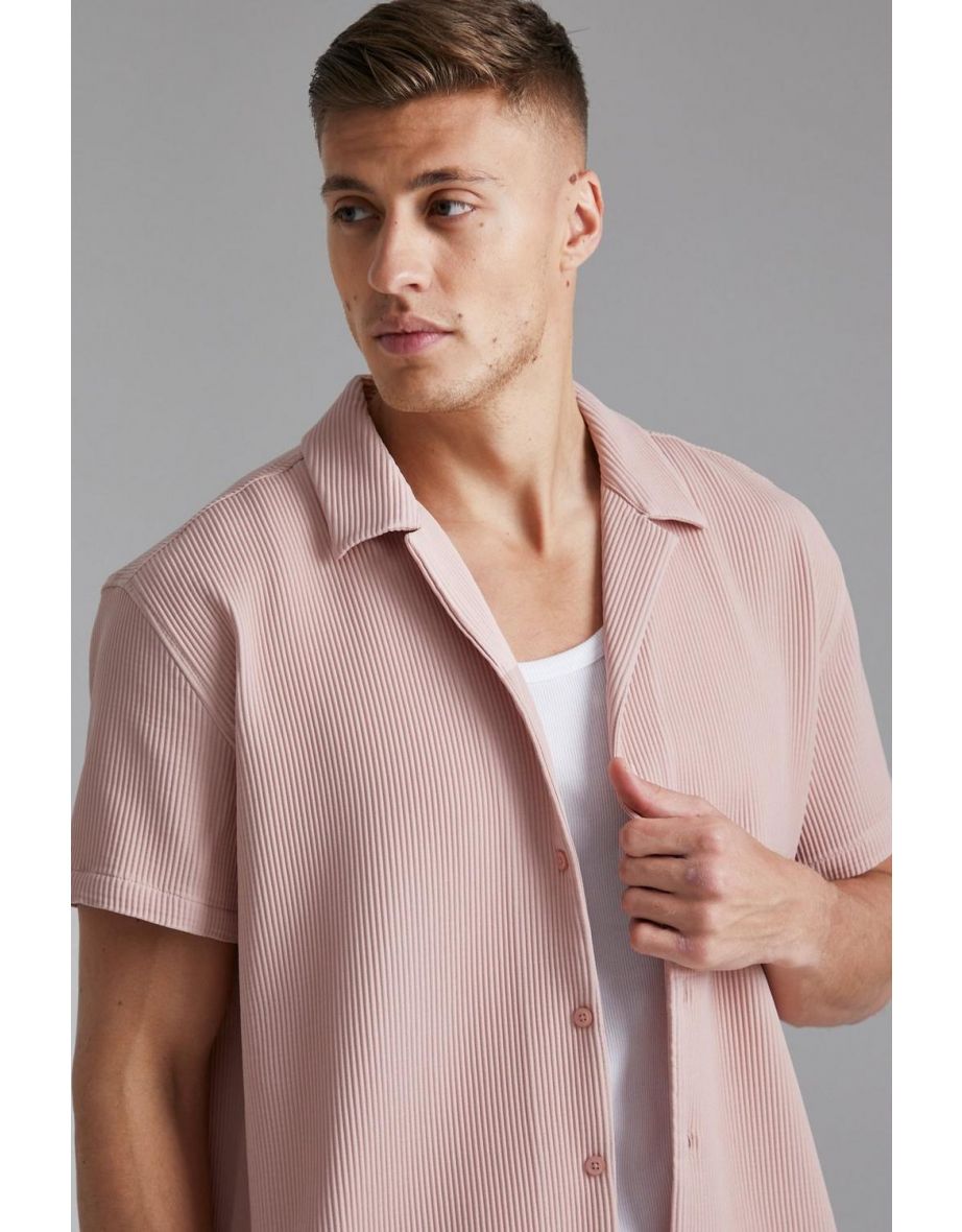 Oversized Short Sleeve Pleated Shirt And Short - light pink - 2
