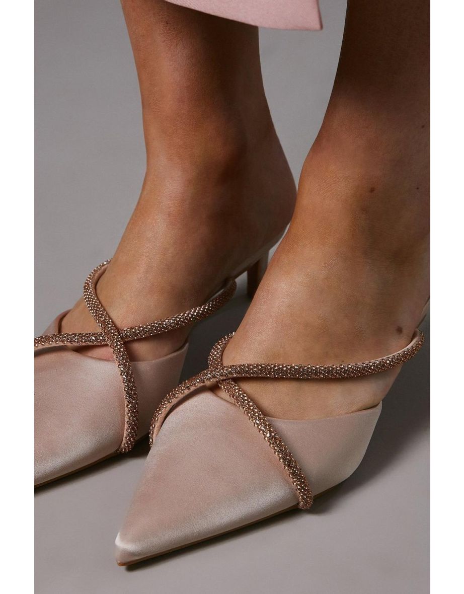 Shona Satin Diamante Cross Strap Kitten Heel Mules - 3