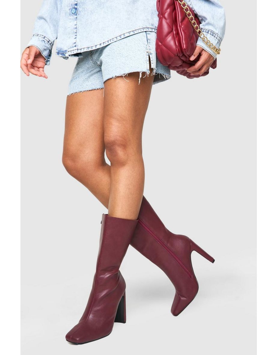 Wide Fit Square Toe Heeled Boots - cherry