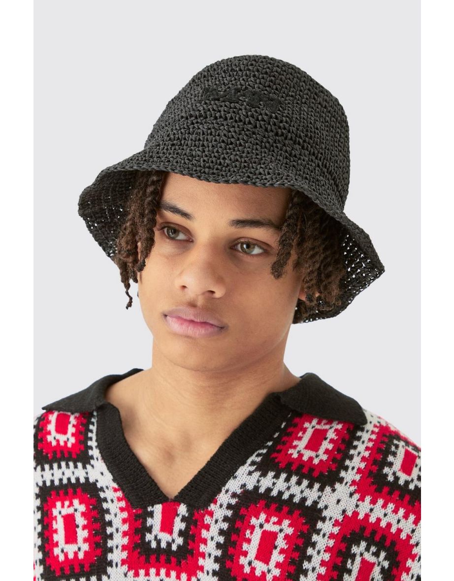 Man Raffia Bucket Hat In Black - black