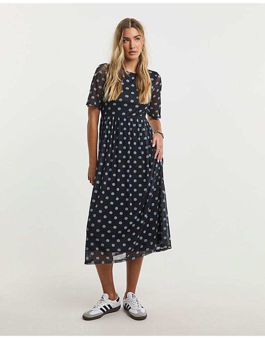 Printed Mesh Midi Dress