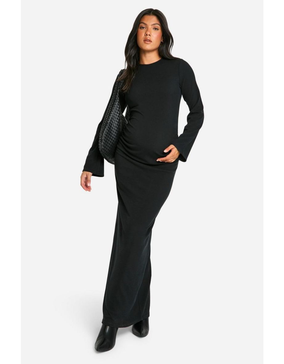 Maternity Rib Round Neck Flared Sleeve Column Maxi Dress - black