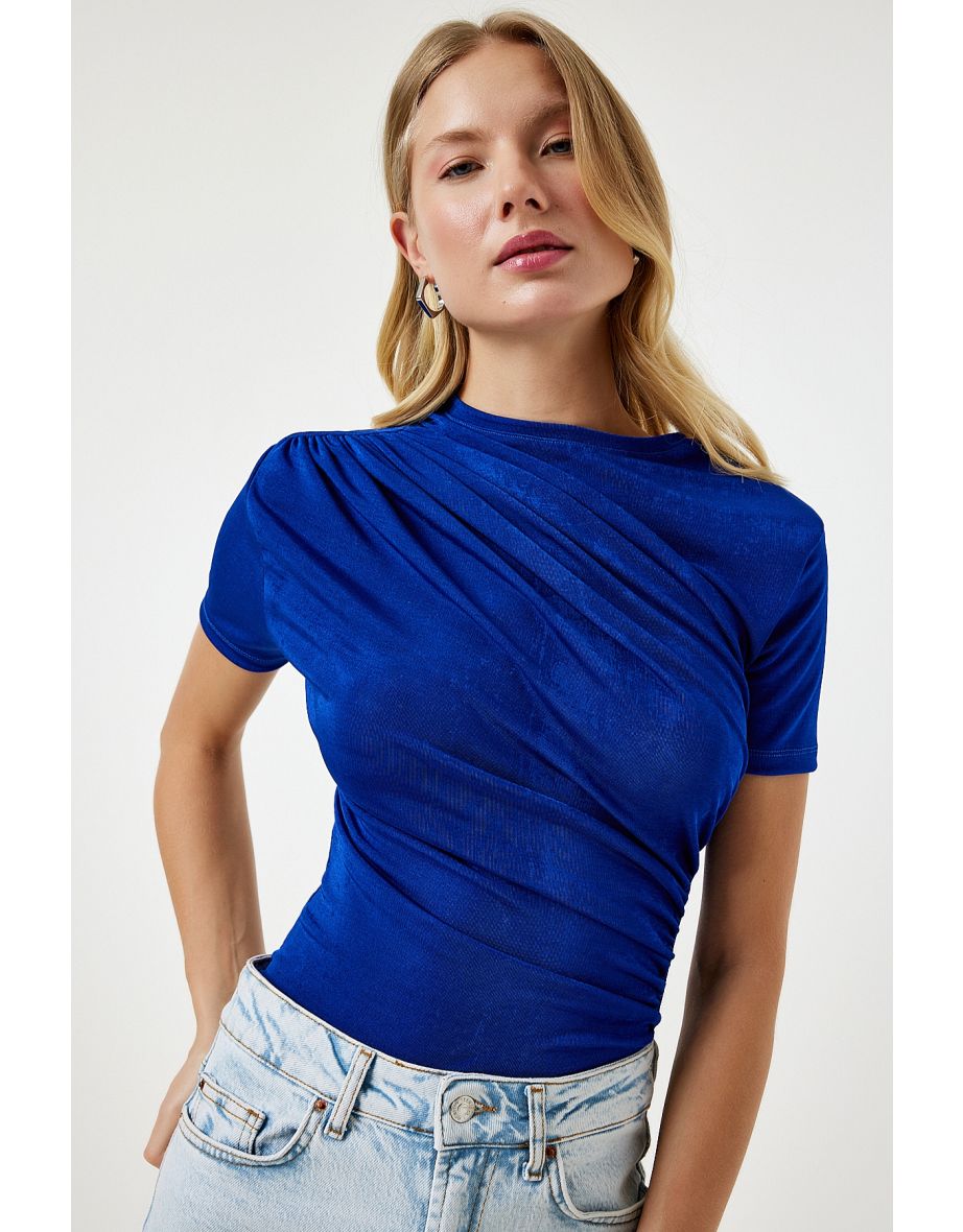 Women's Blue Gathered Detailed Viscose Blouse