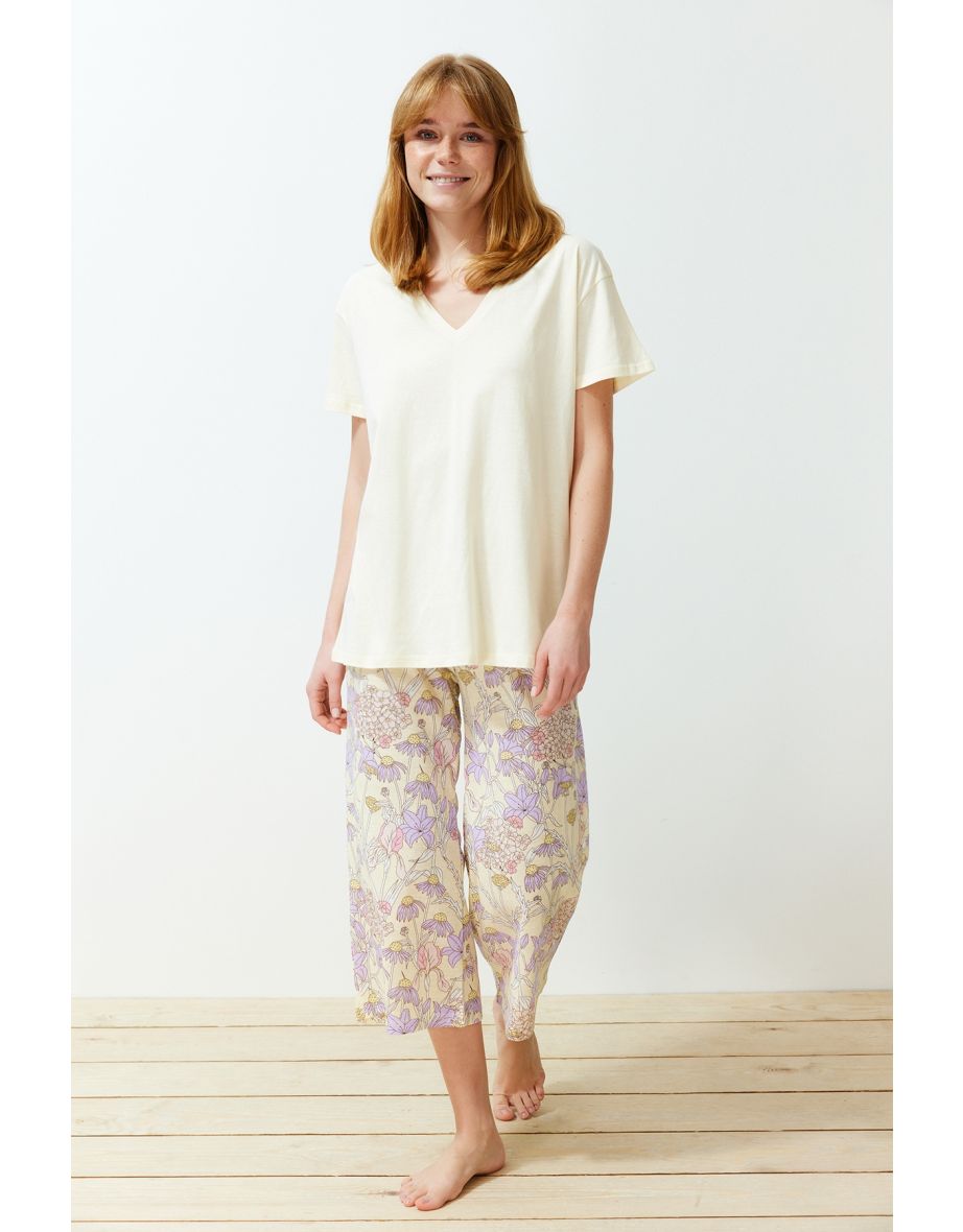 Yellow 100% Cotton Floral Knitted Pajamas Set