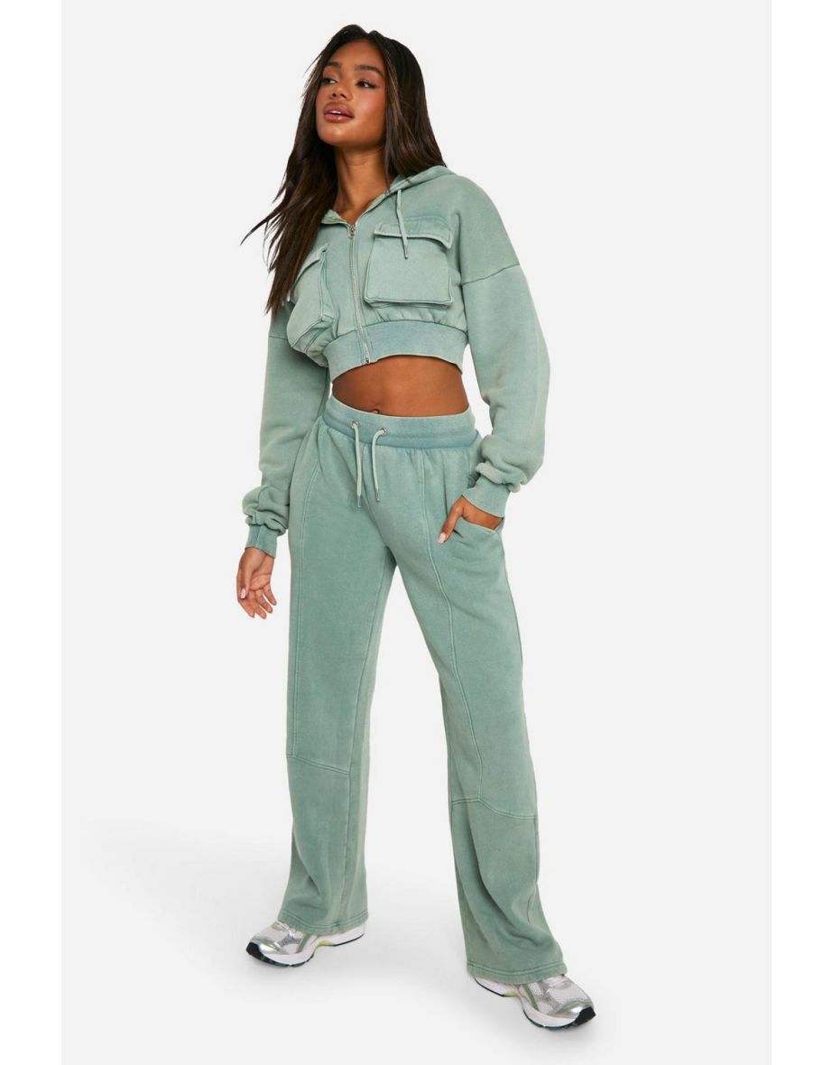 Washed Cargo Pocket Boxy Crop Hooded Tracksuit - khaki