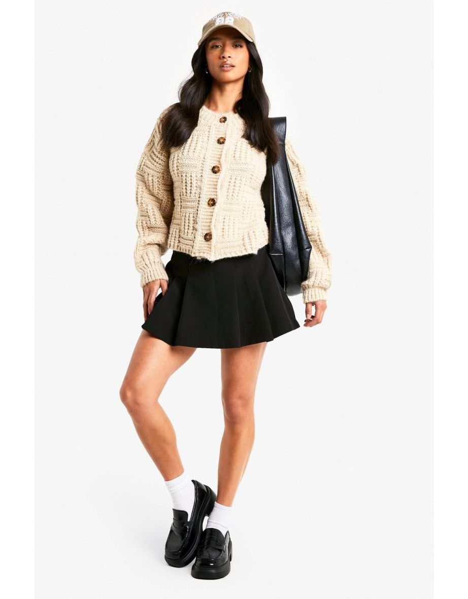 Petite Chunky Basket Stitch High Neck Knitted Cardigan