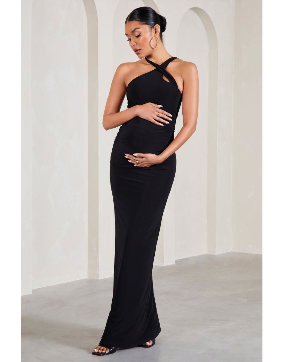Gracie | Black Strappy Asymmetric Sleeveless Maternity Maxi Dress - 4