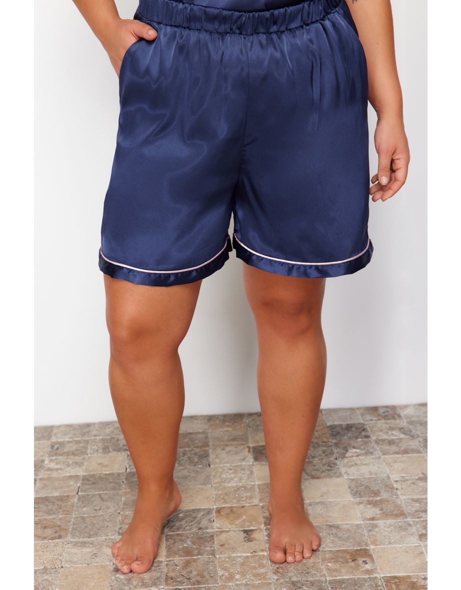 Navy Blue Satin Piping Woven Pajamas Set - 13