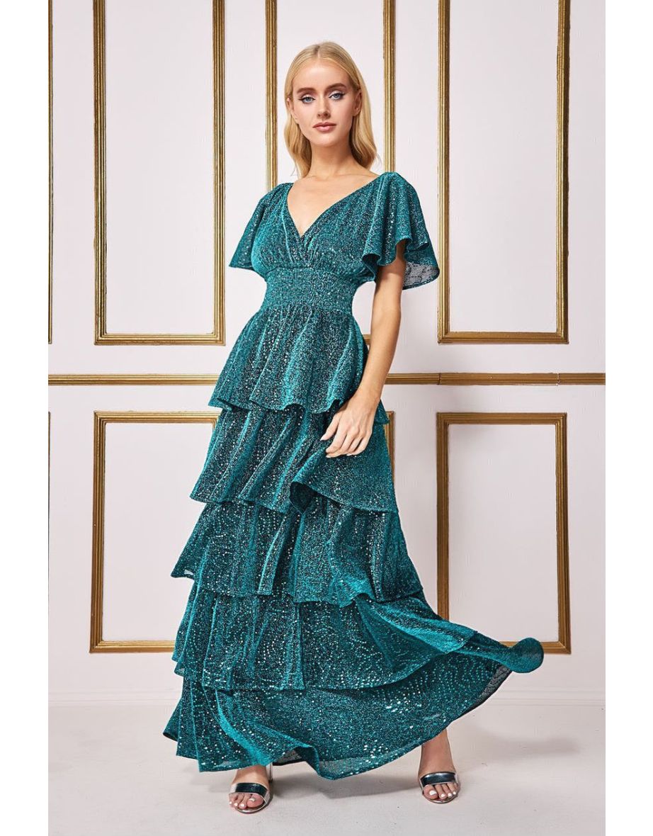 Goddiva Sequin Lurex Tiered Maxi Dress - Teal Blue