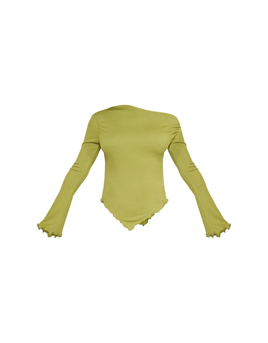 Olive Soft Rib One Shoulder Long Sleeve Asymmetric Hem Long Top - 4