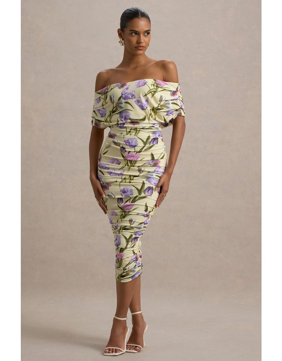 Rayleigh | Tulip Floral Print  Bardot Ruched Midi Dress