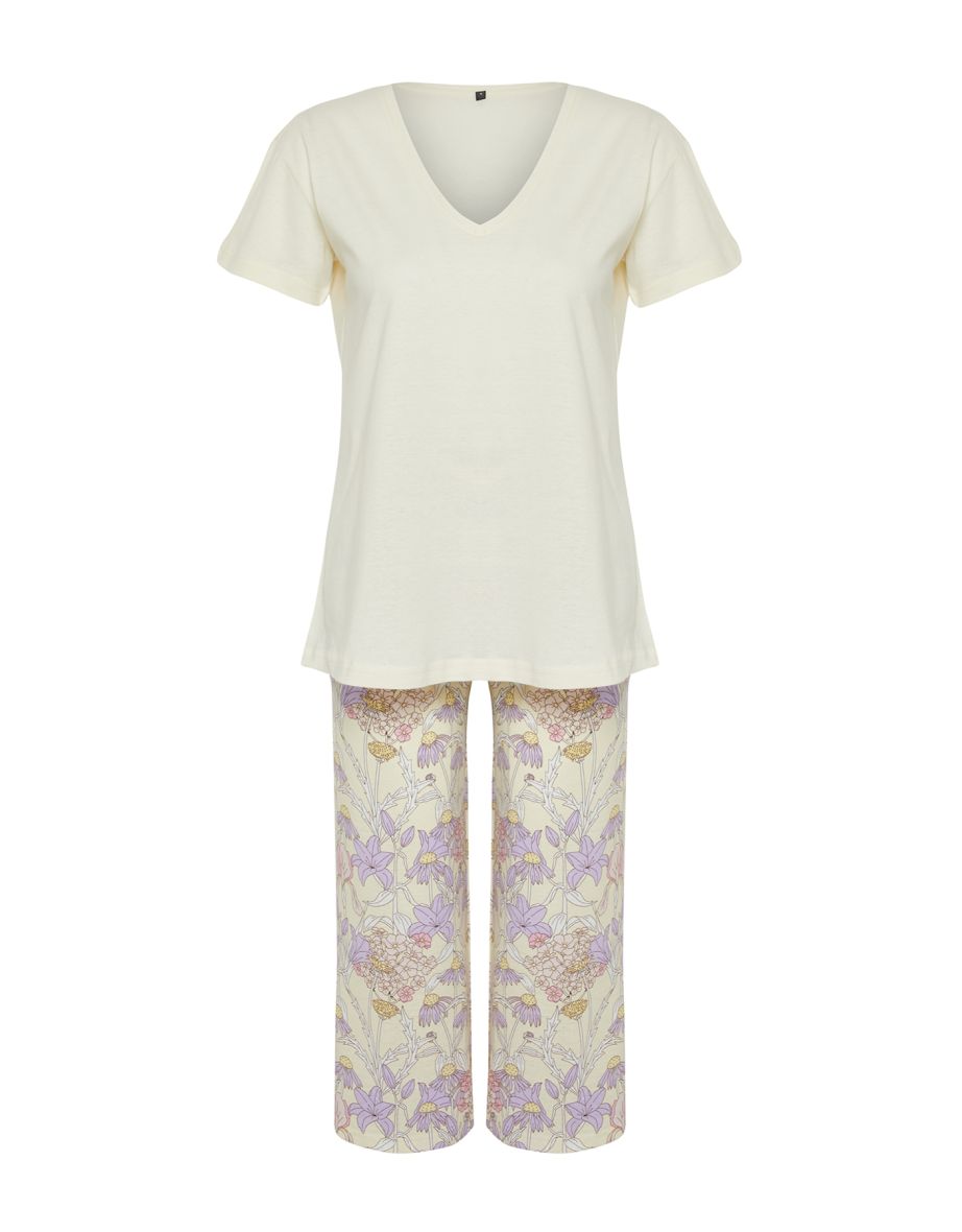 Yellow 100% Cotton Floral Knitted Pajamas Set - 7