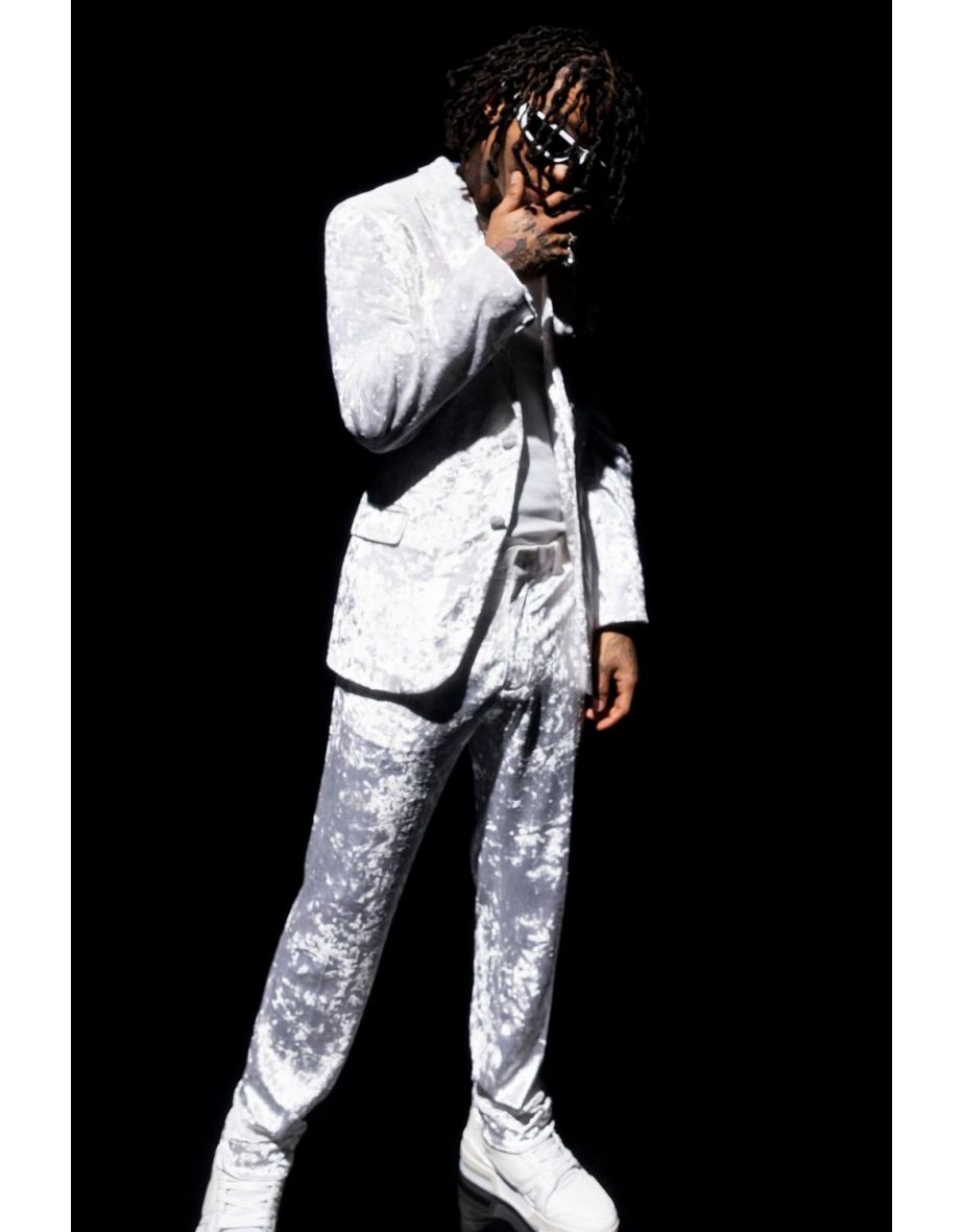 Skinny Crushed Velvet Suit Trousers - silver