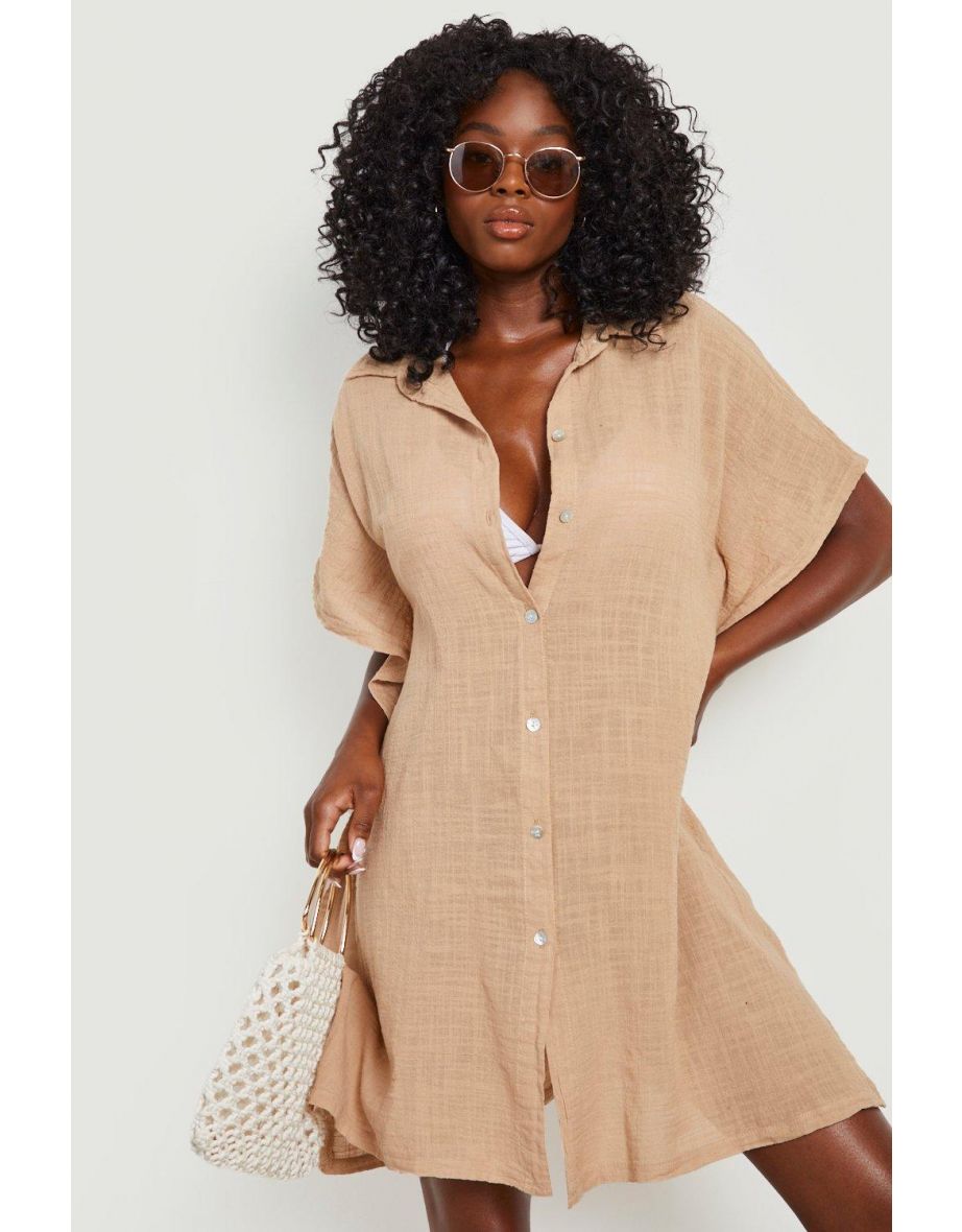 Linen Button Front Batwing Beach Kaftan Shirt - sand
