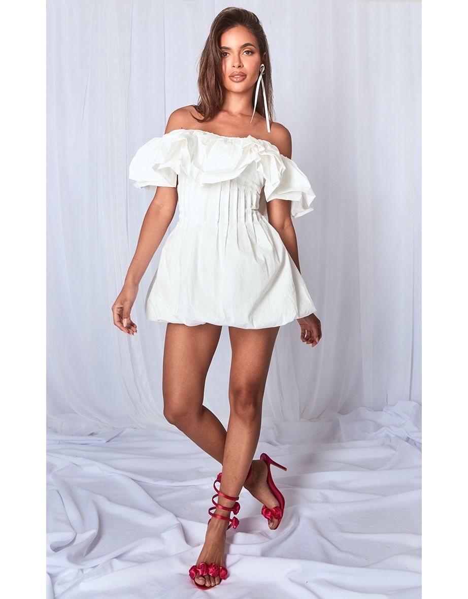 Shop White Woven Extreme Puff Bardot Shift Dress Online in Oman VogaCloset