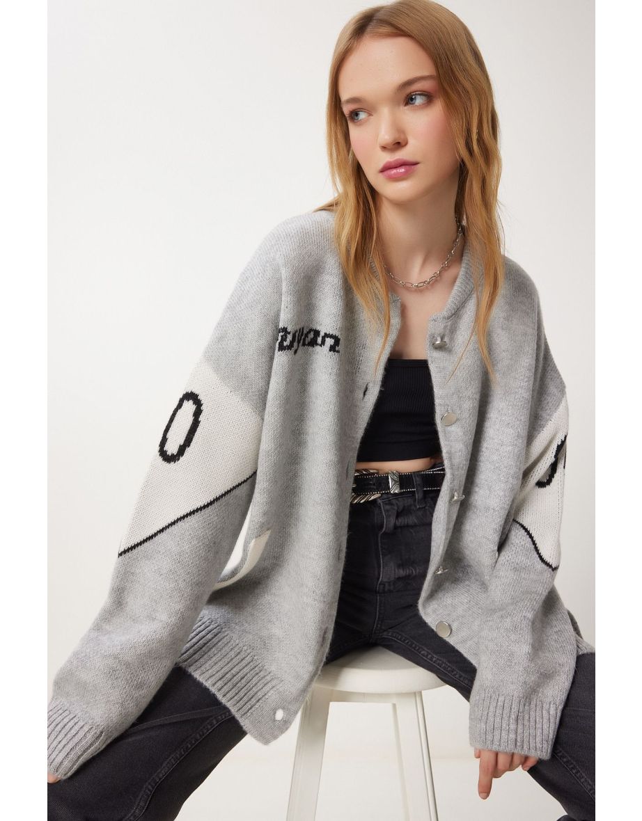 Women's Gray Slogan Knitwear Jacket Cardigan