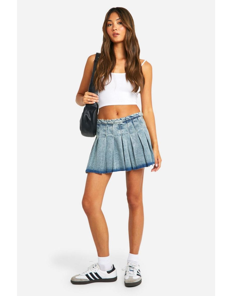 Pleated Micro Mini Denim Skirt - acid wash light blue