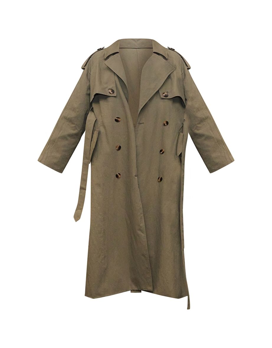 Khaki Belted Double Breasted Trench Coat - 4