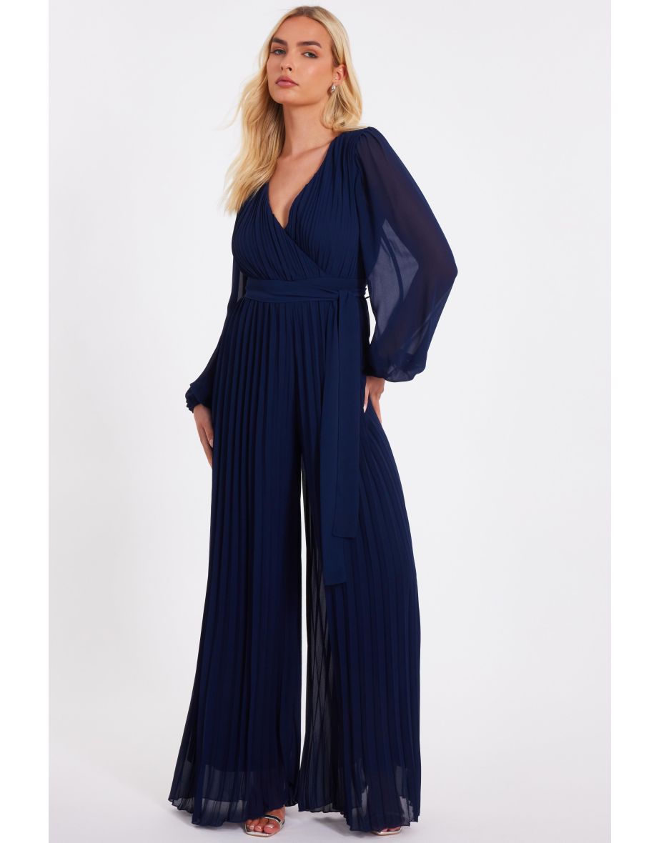 Navy Chiffon Pleated Jumpsuit
