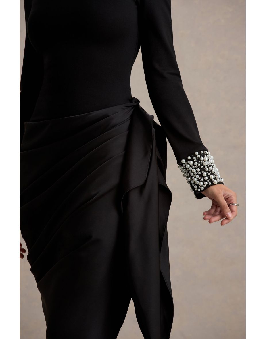 Luanna | Black Satin Long-Sleeve Midi Dress With Draped Skirt - 5