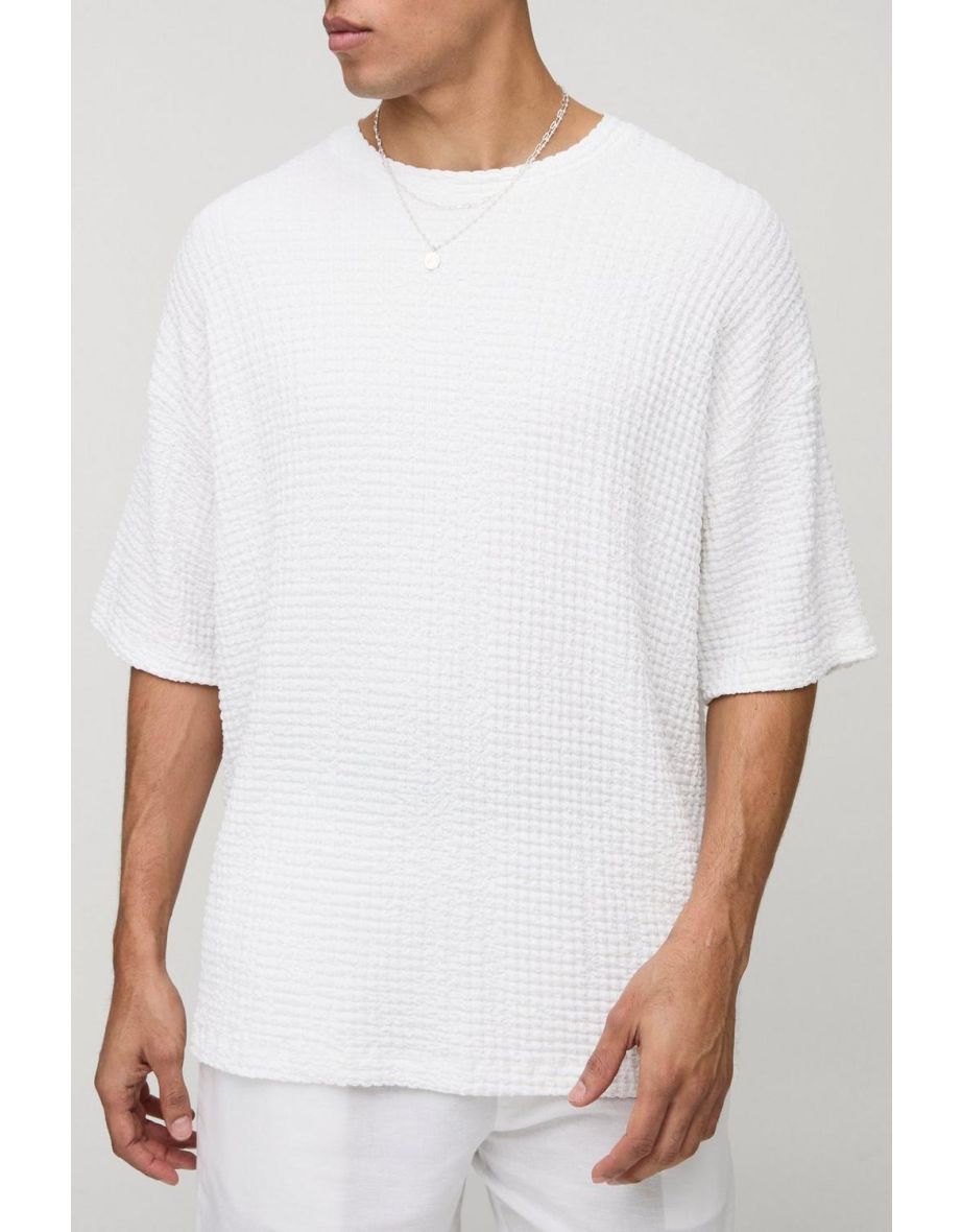 Oversized Jacquard Crinkle Textured T-Shirt - white - 2