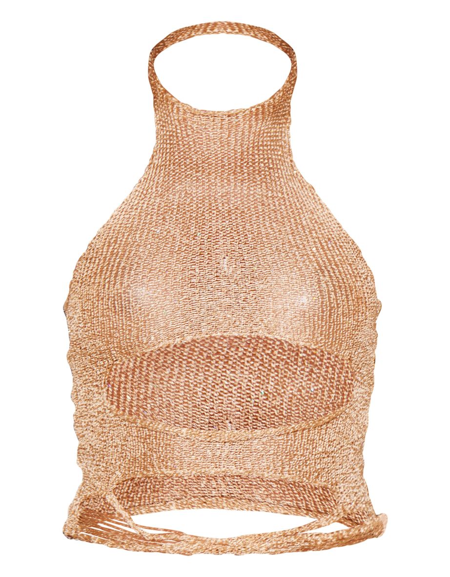 Gold Sequin Knit High Neck Cut Out Top - 4