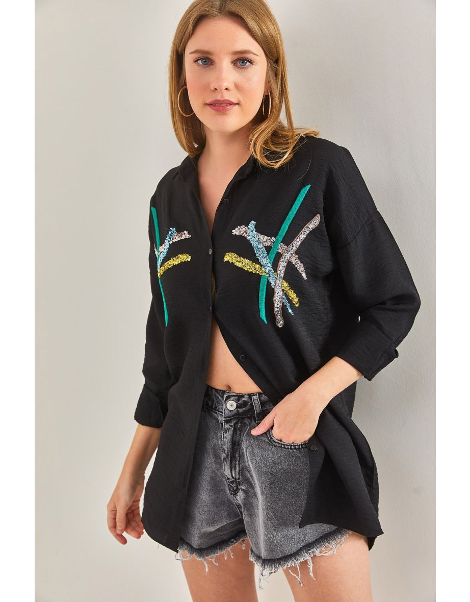 Women's Stamp Palette Embroidered Linen Ayrobin Shirt - 4