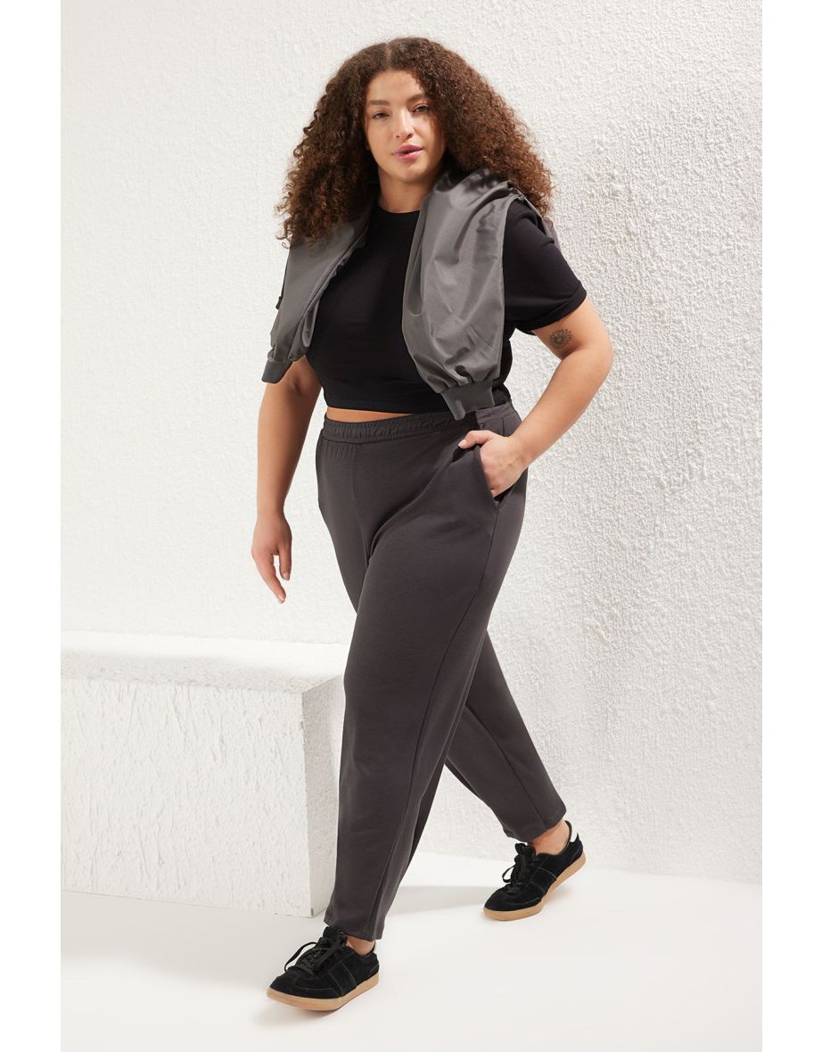 Gray High Waist Carrot/Shalwar Cut Flowy Soft Touch Plus Size Sweatpants