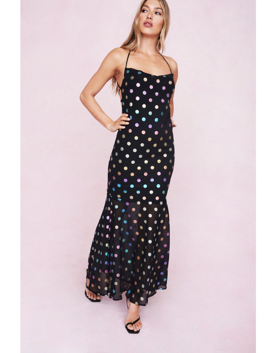 Strappy Metallic Polka Dot Print Maxi Dress