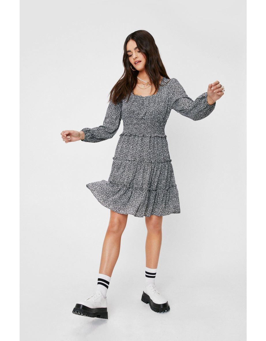 shirred ruffle mini dress